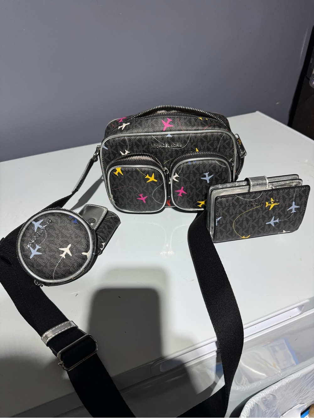 Michael Kors Black Monogram Airplane Print Belt Bag Set